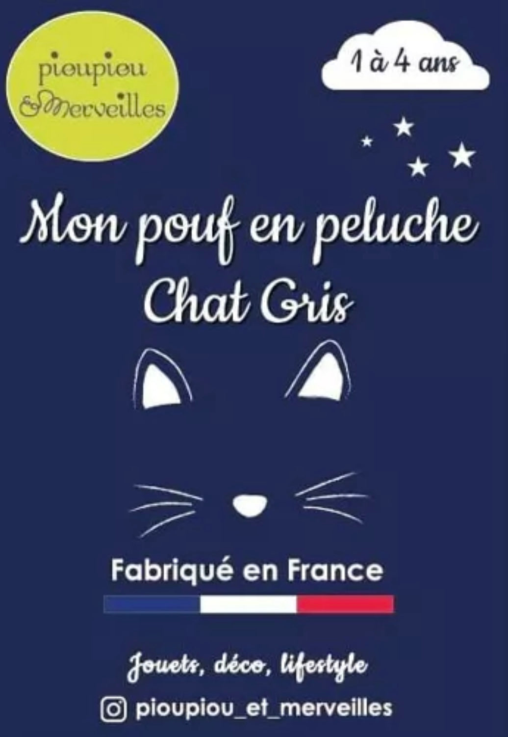 Pouf en peluche pour enfant 1-4 ans - Chat gris - Made in France SENSIKIDS